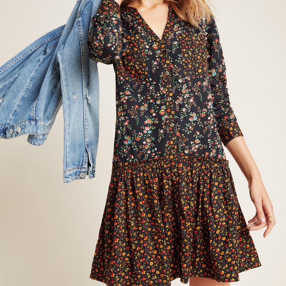Anthropology Maeve Floral/Black Button Front Long Sleeve Dress Size 2